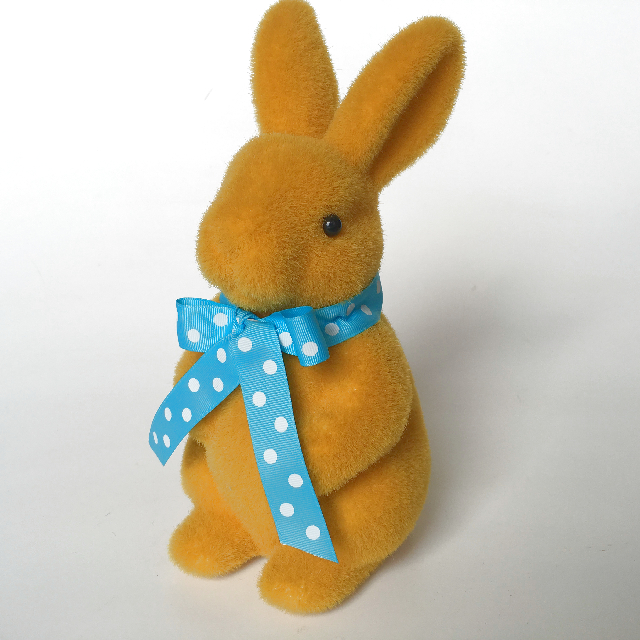 RABBIT, Large Flocked Brown with Blue Ribbon 28 cm H